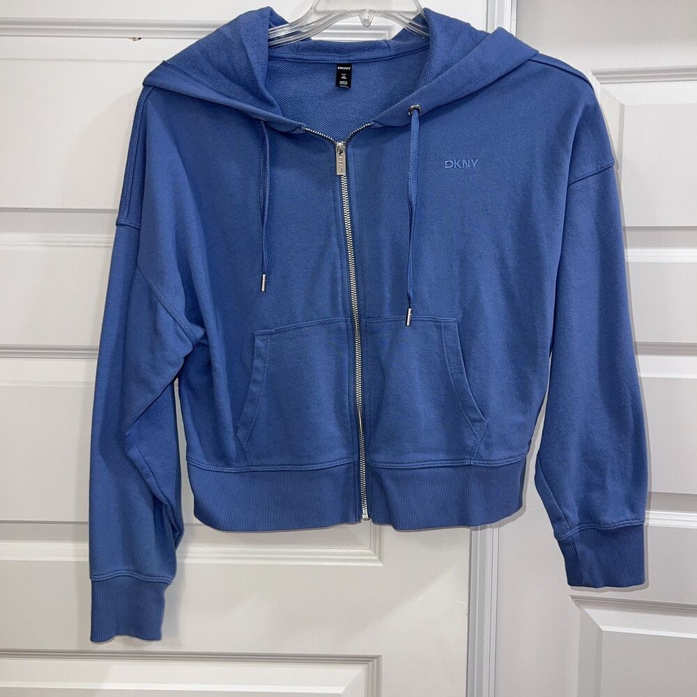 DKNY Womens Cropped Activewear Hoodie Sz Medium Full Zip Pockets Blue